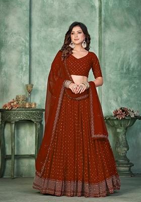 Maroon Embroidered Georgette Lehenga Set With Dupatta