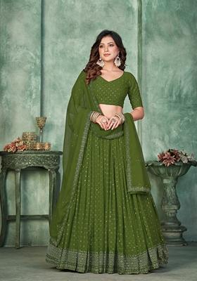 Green Embroidered Georgette Lehenga Set With Dupatta