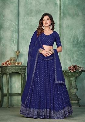 Navy Blue Embroidered Georgette Lehenga Set With Dupatta