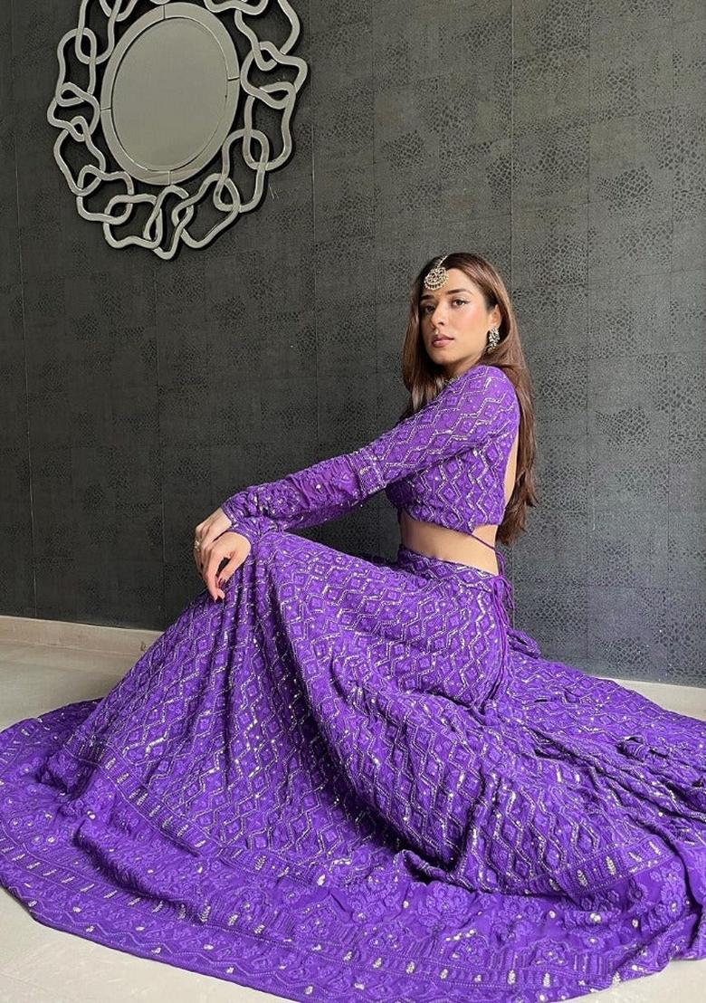 Purple Sequin Embroidered Georgette Lehenga Set