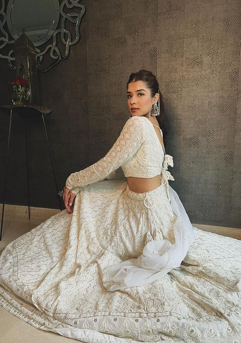 White Sequin Embroidered Georgette Lehenga Set