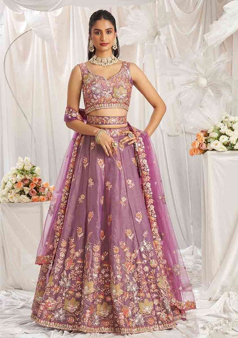 Lavender Sequin Embroidered Net Lehenga Set - Indya