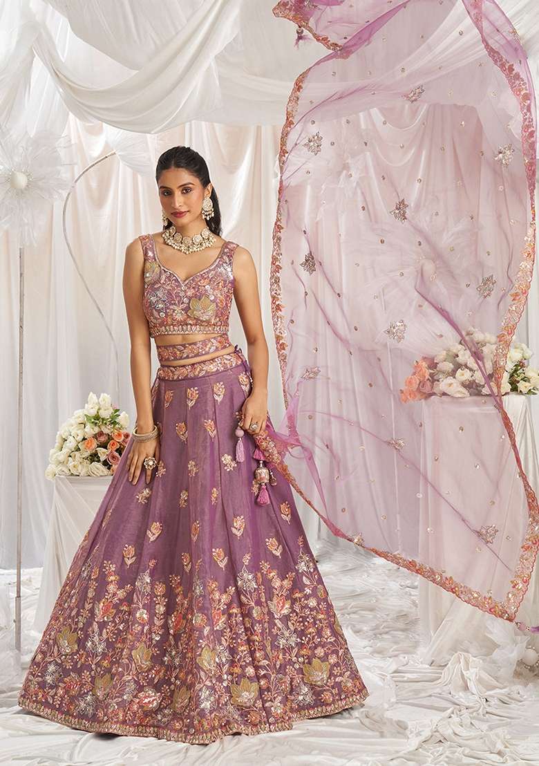 Lavender Sequin Embroidered Net Lehenga Set - Indya