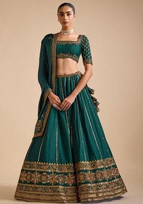 Dark Green Sequin Embroidered Silk Lehenga Set