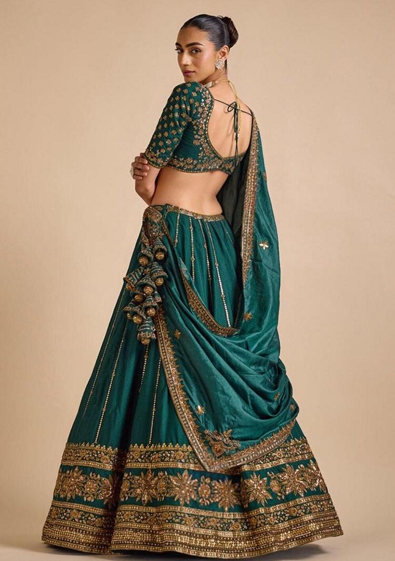 Dark Green Sequin Embroidered Silk Lehenga Set