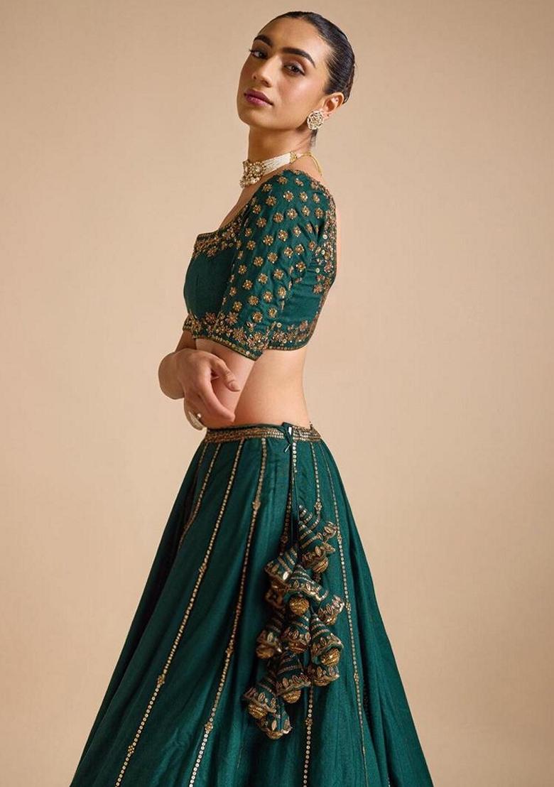 Dark Green Sequin Embroidered Silk Lehenga Set