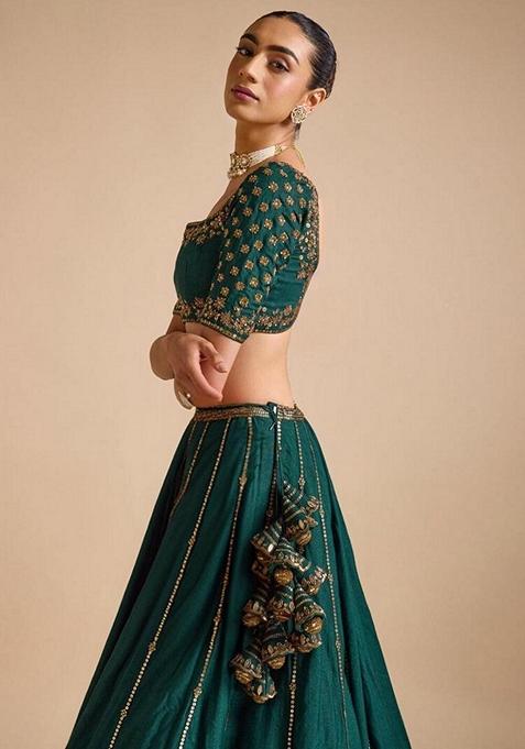 Dark Green Sequin Embroidered Silk Lehenga Set