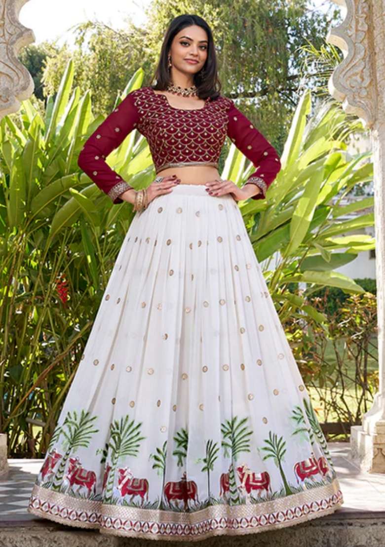 Off White Sequin Embroidered Georgette Lehenga Set - Indya