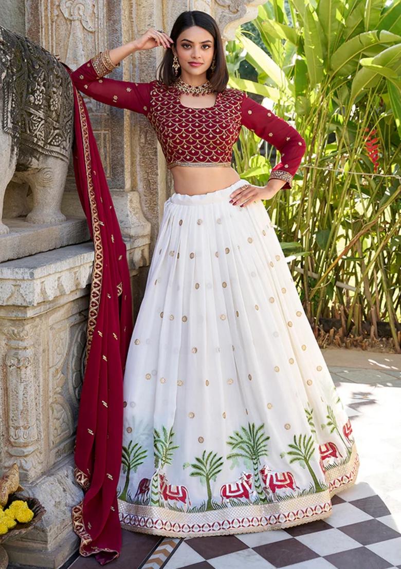 Off White Sequin Embroidered Georgette Lehenga Set