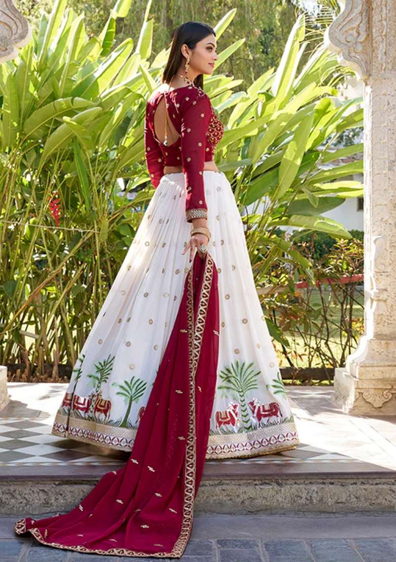 Off White Sequin Embroidered Georgette Lehenga Set - Indya
