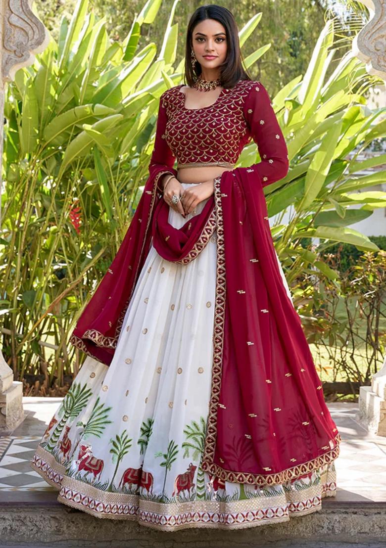Off White Sequin Embroidered Georgette Lehenga Set