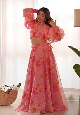 Pink Floral Print Silk Lehenga Set Without Dupatta