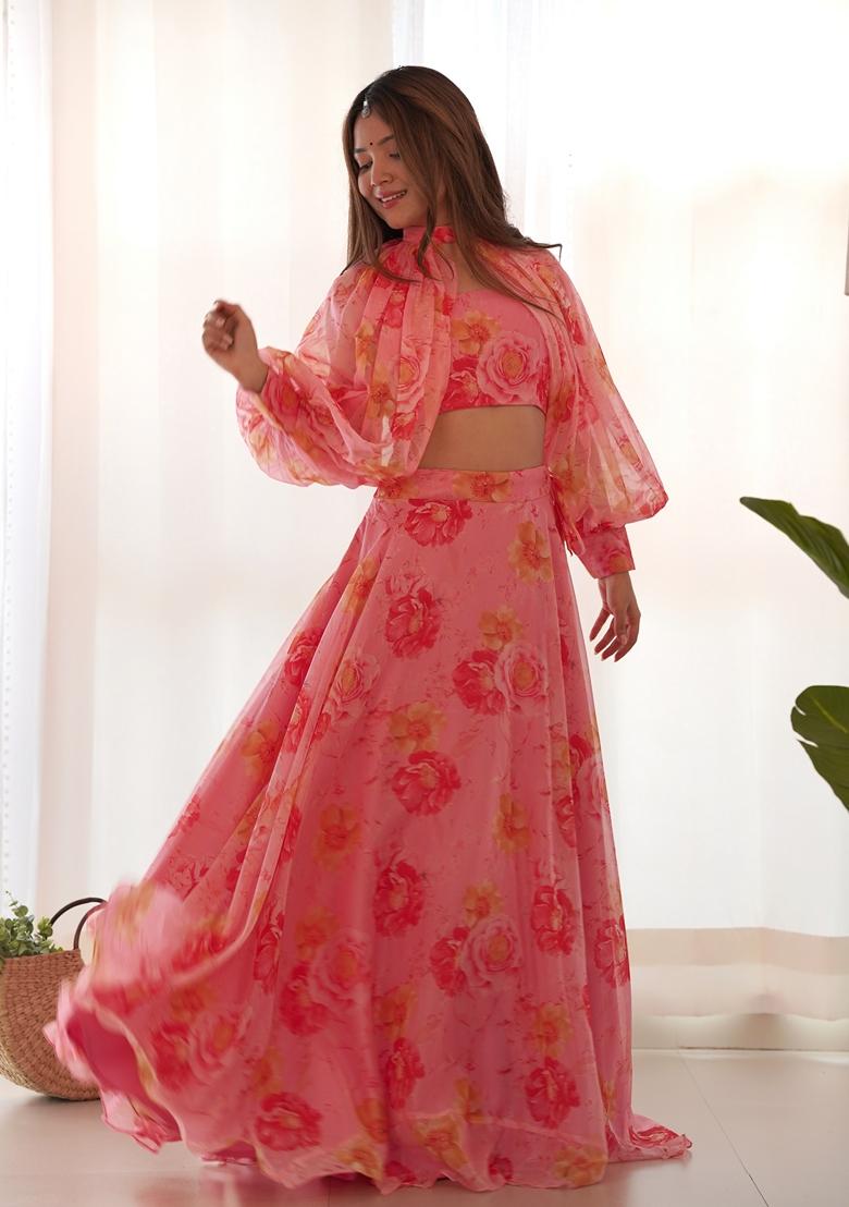 Pink Floral Print Silk Lehenga Set Without Dupatta