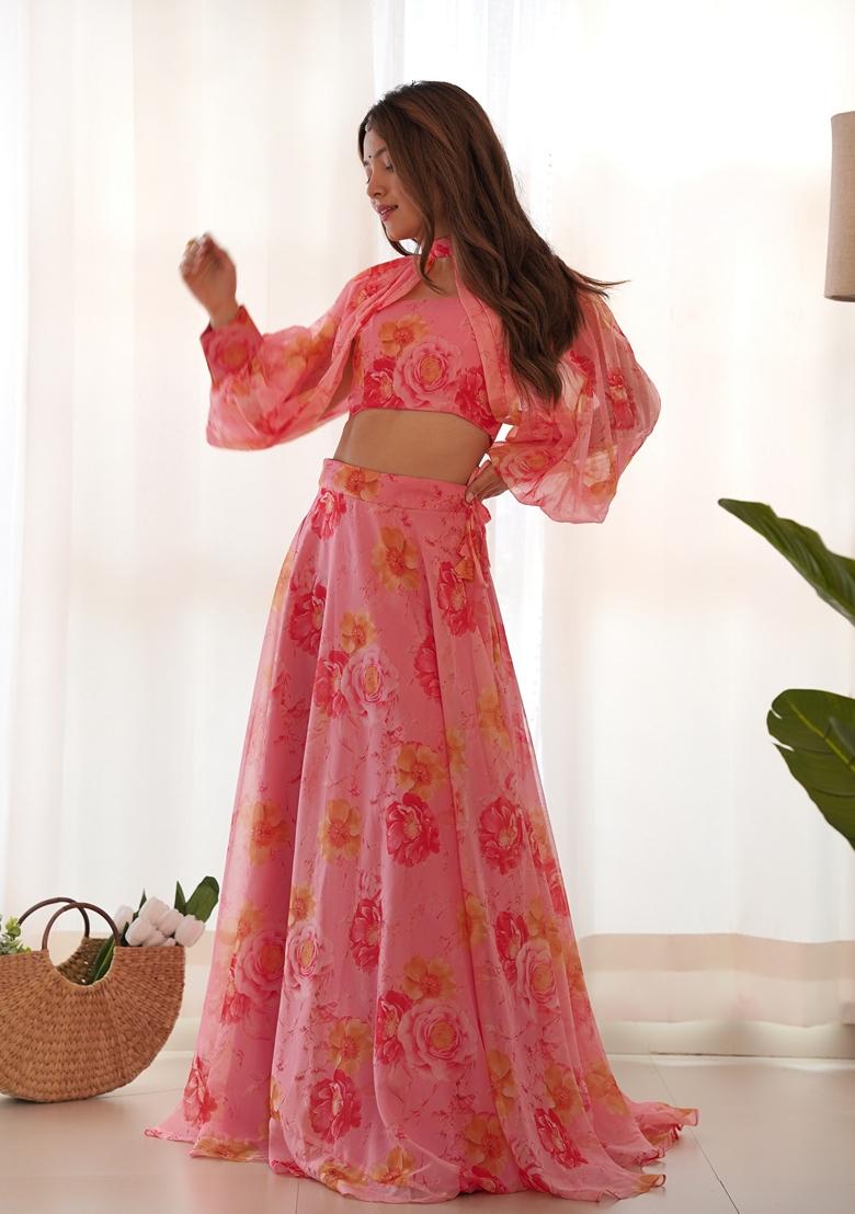Pink Floral Print Silk Lehenga Set Without Dupatta
