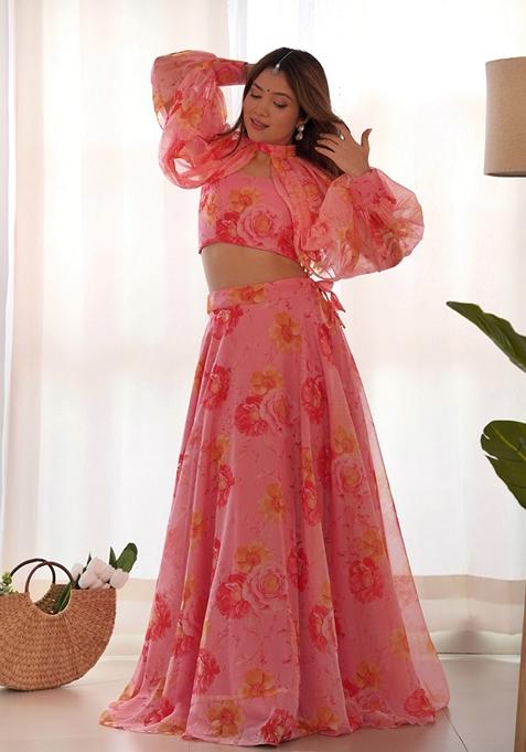 Pink Floral Print Silk Lehenga Set Without Dupatta