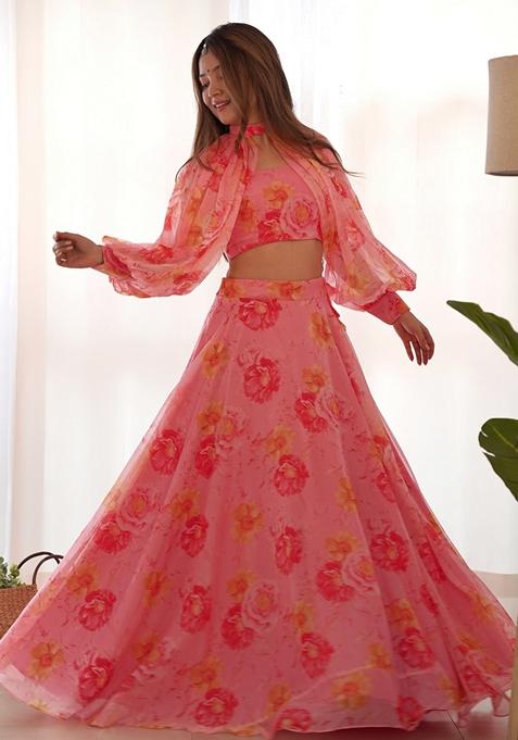 Pink Floral Print Silk Lehenga Set Without Dupatta