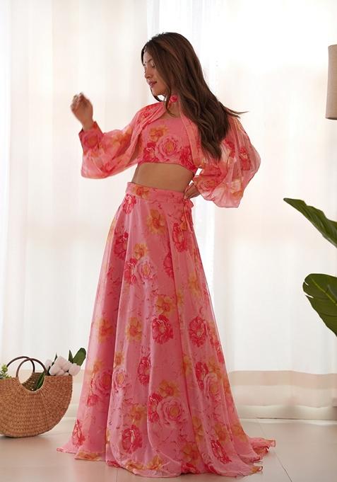 Pink Floral Print Silk Lehenga Set Without Dupatta