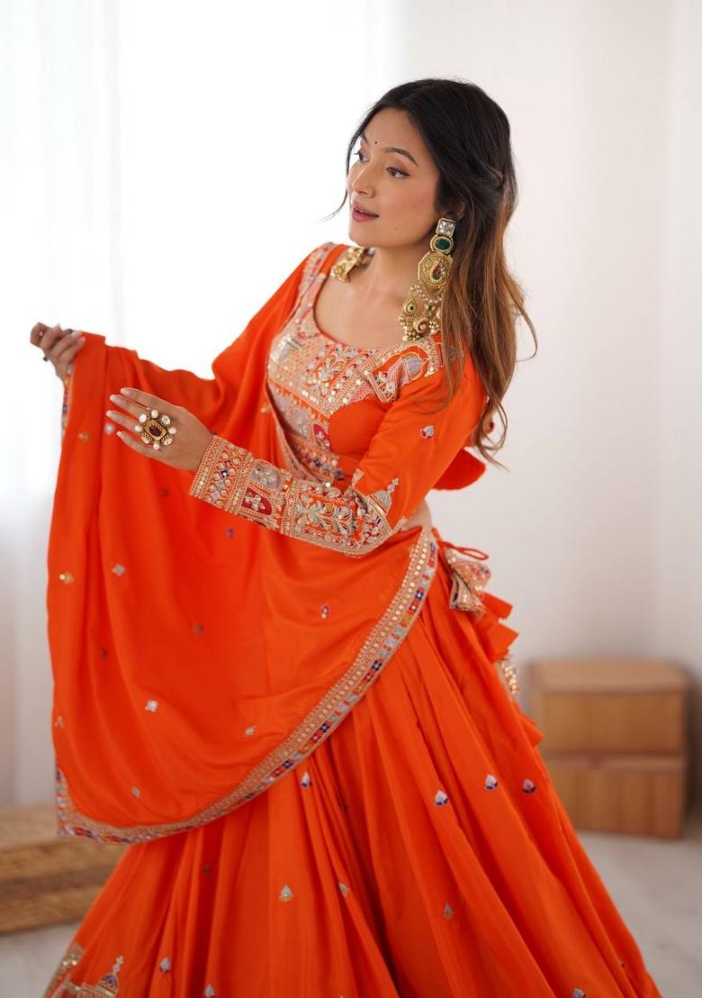 Orange Embroidered Silk Lehenga Set With Dupatta