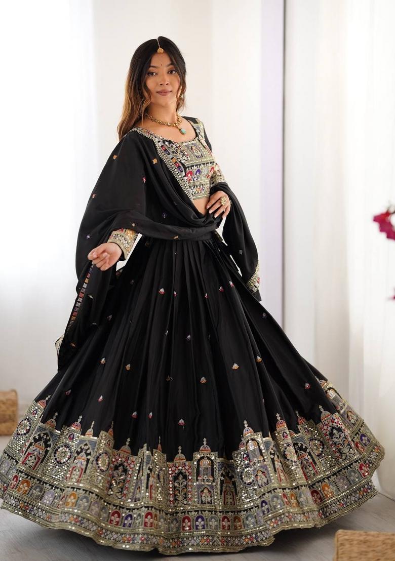 Black Embroidered Silk Lehenga Set With Dupatta