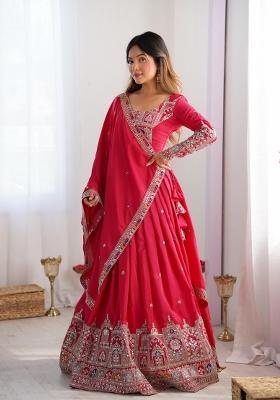 Rani Pink Embroidered Silk Lehenga Set With Dupatta