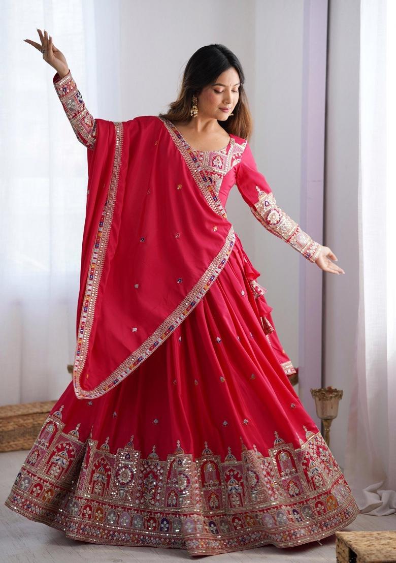 Rani Pink Embroidered Silk Lehenga Set With Dupatta