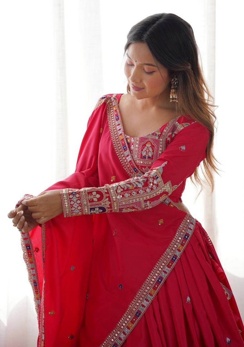 Rani Pink Embroidered Silk Lehenga Set With Dupatta