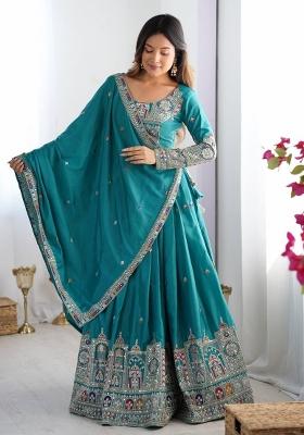 Firozi Blue Embroidered Silk Lehenga Set With Dupatta