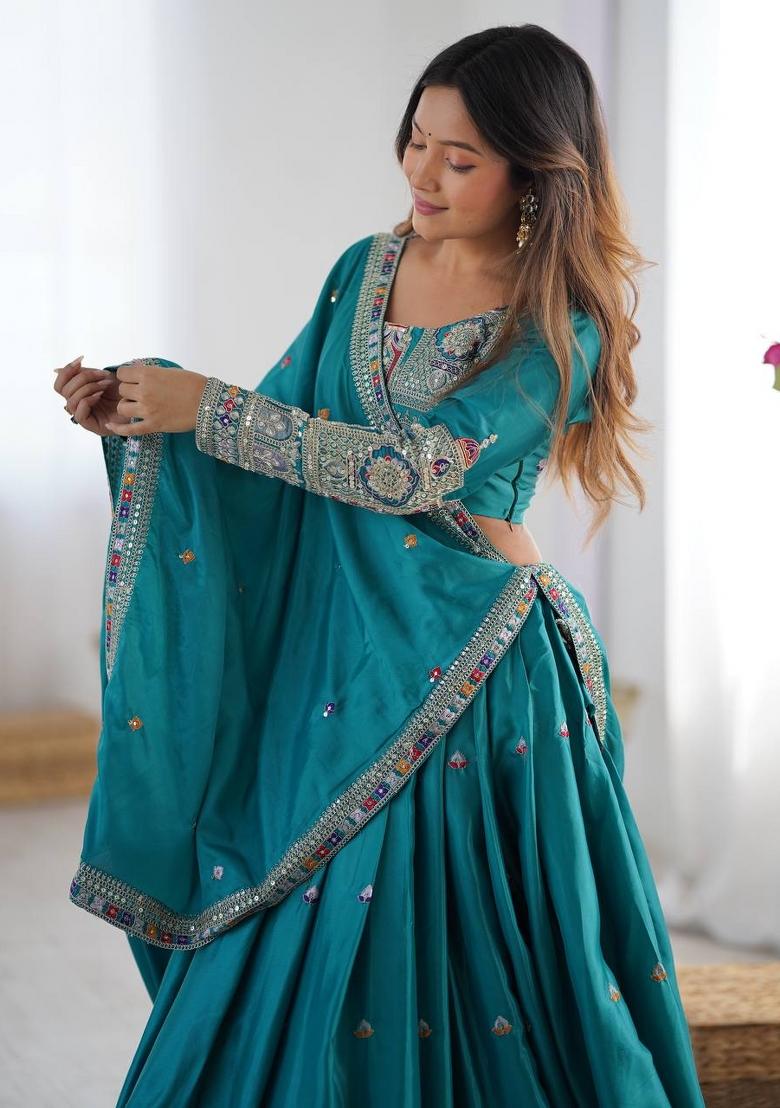 Firozi Blue Embroidered Silk Lehenga Set With Dupatta