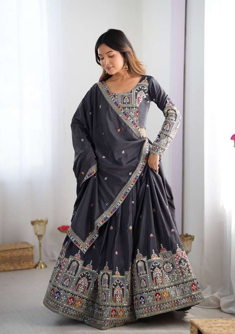 Grey Embroidered Silk Lehenga Set With Dupatta - Indya