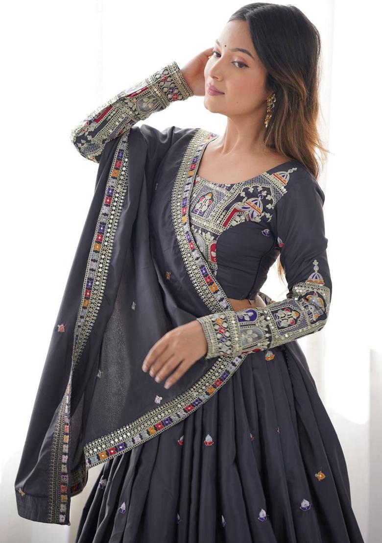 Grey Embroidered Silk Lehenga Set With Dupatta