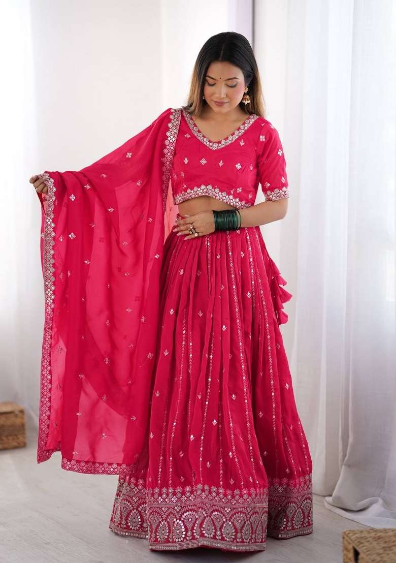 Rani Pink Embroidered Silk Lehenga Set With Dupatta - Indya