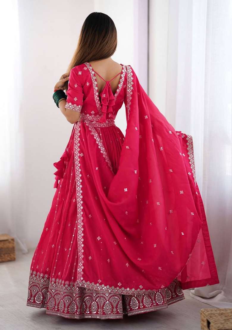 Rani Pink Embroidered Silk Lehenga Set With Dupatta - Indya