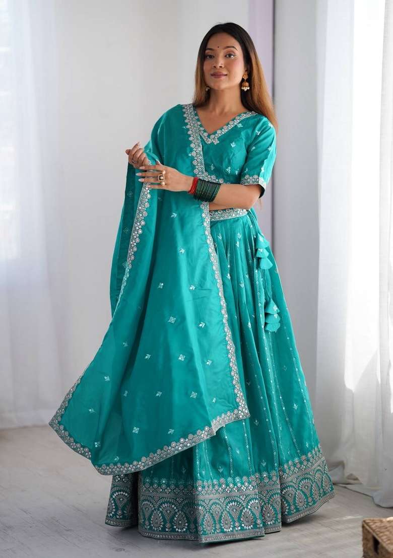 Firozi Blue Embroidered Silk Lehenga Set With Dupatta - Indya