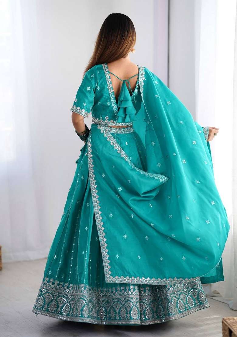 Firozi Blue Embroidered Silk Lehenga Set With Dupatta - Indya