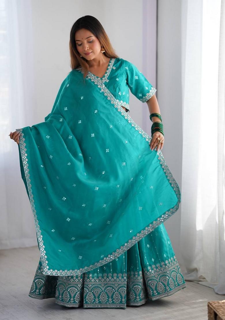 Firozi Blue Embroidered Silk Lehenga Set With Dupatta