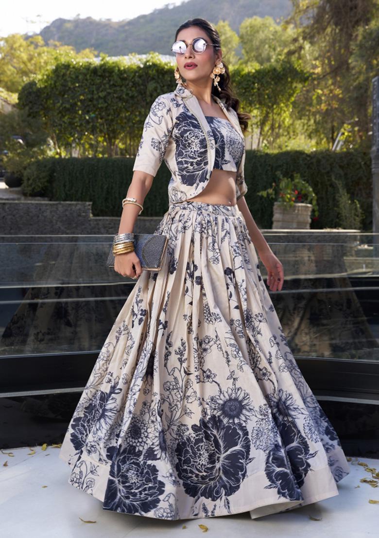 Cream Printed Silk Lehenga Set With Dupatta