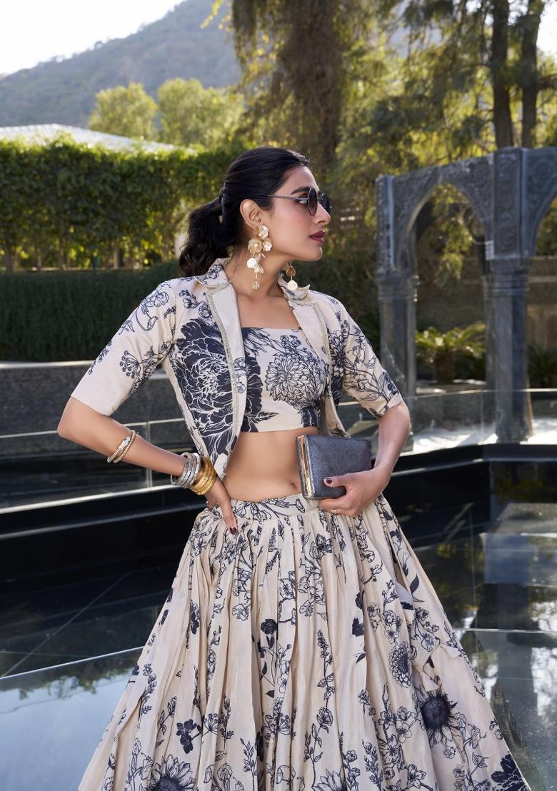 Cream Printed Silk Lehenga Set With Dupatta