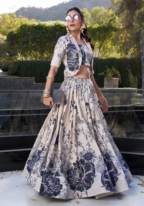Cream Printed Silk Lehenga Set With Dupatta