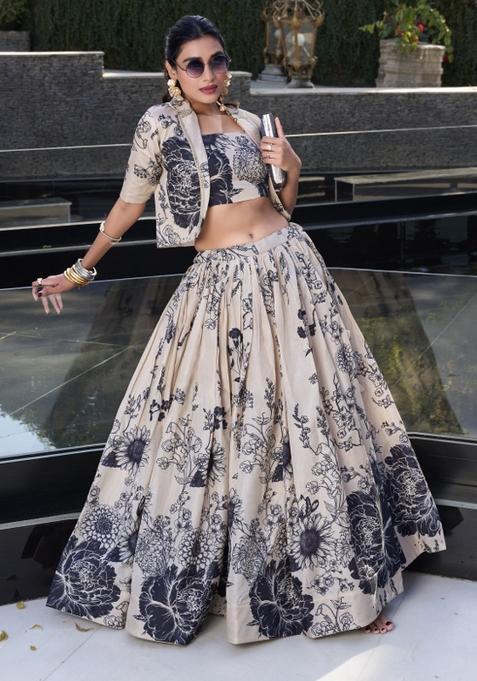 Cream Printed Silk Lehenga Set With Dupatta