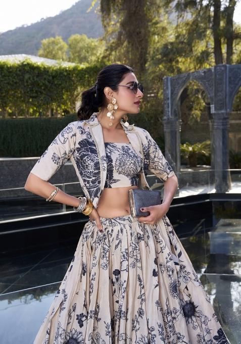 Cream Printed Silk Lehenga Set With Dupatta