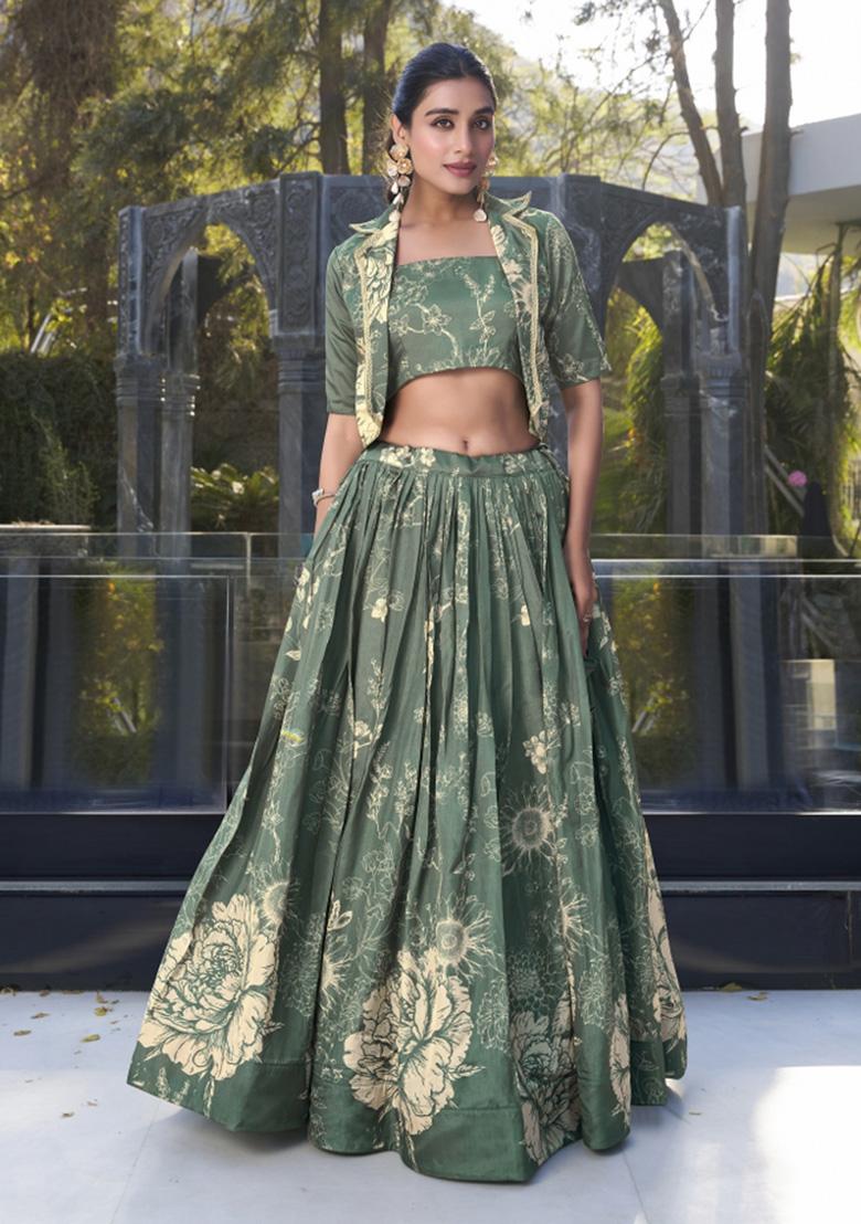 Bottlegreen Printed Silk Lehenga Set With Dupatta