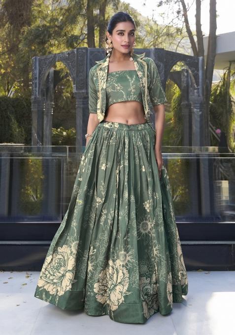 Bottlegreen Printed Silk Lehenga Set With Dupatta