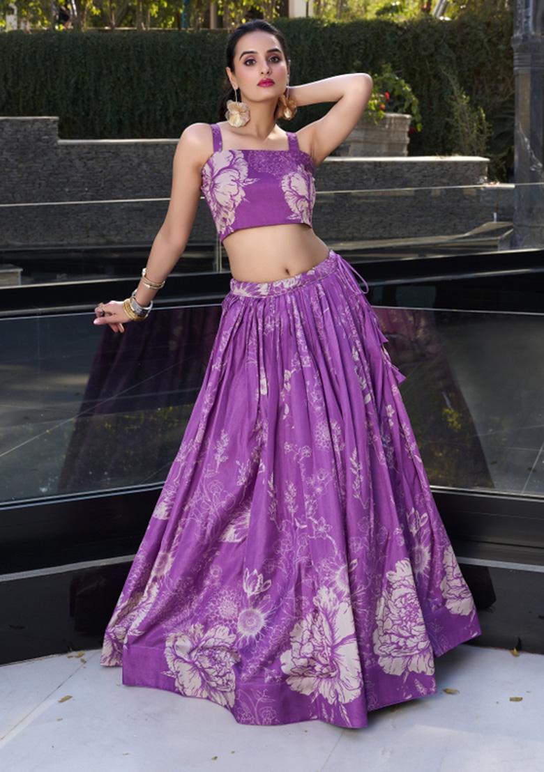 Purple Printed Silk Lehenga Set With Dupatta