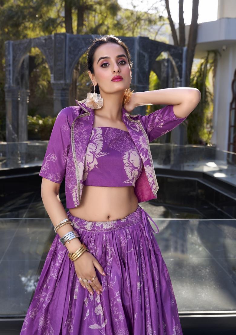 Purple Printed Silk Lehenga Set With Dupatta