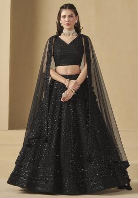 Black Embroidered Georgette Lehenga Set With Dupatta