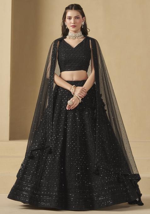 Black Embroidered Georgette Lehenga Set With Dupatta
