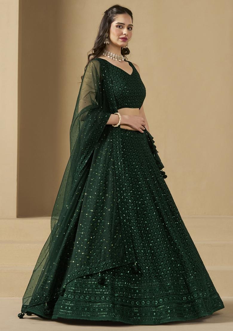 Green Embroidered Georgette Lehenga Set With Dupatta - Indya