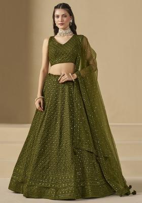 Mehandi Green Embroidered Georgette Lehenga Set With Dupatta