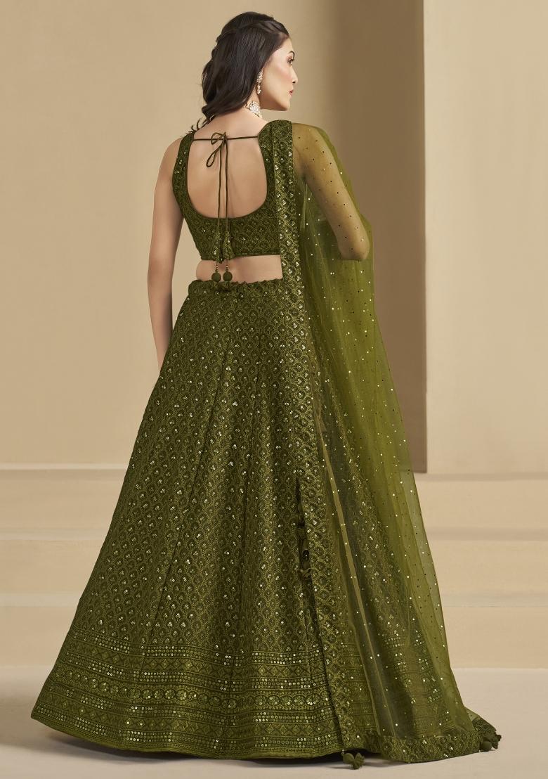 Mehandi Green Embroidered Georgette Lehenga Set With Dupatta