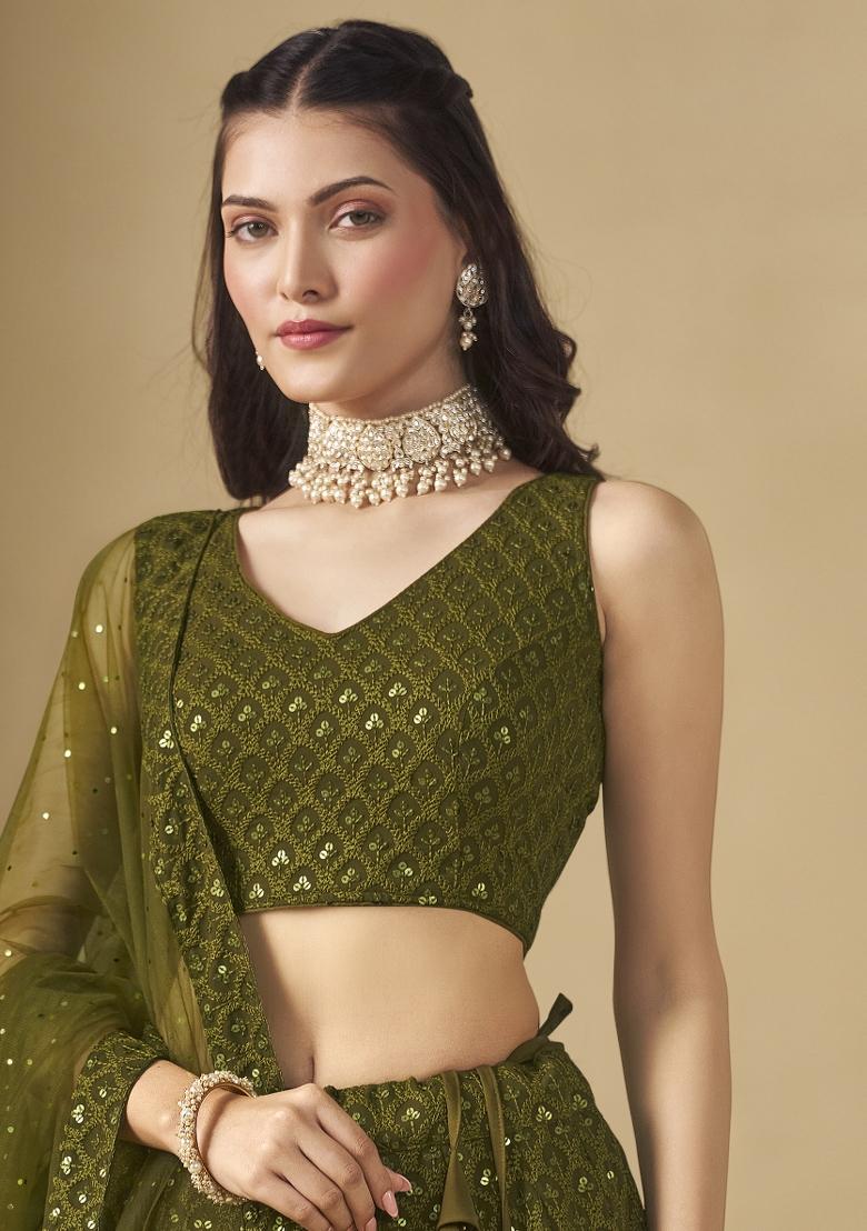 Mehandi Green Embroidered Georgette Lehenga Set With Dupatta